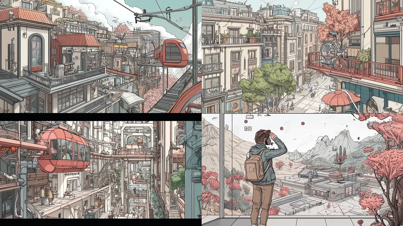Serene Urbanscapes with Pastel Tones and Delicate Cross-Hatching Techniques - Midjourney sref style