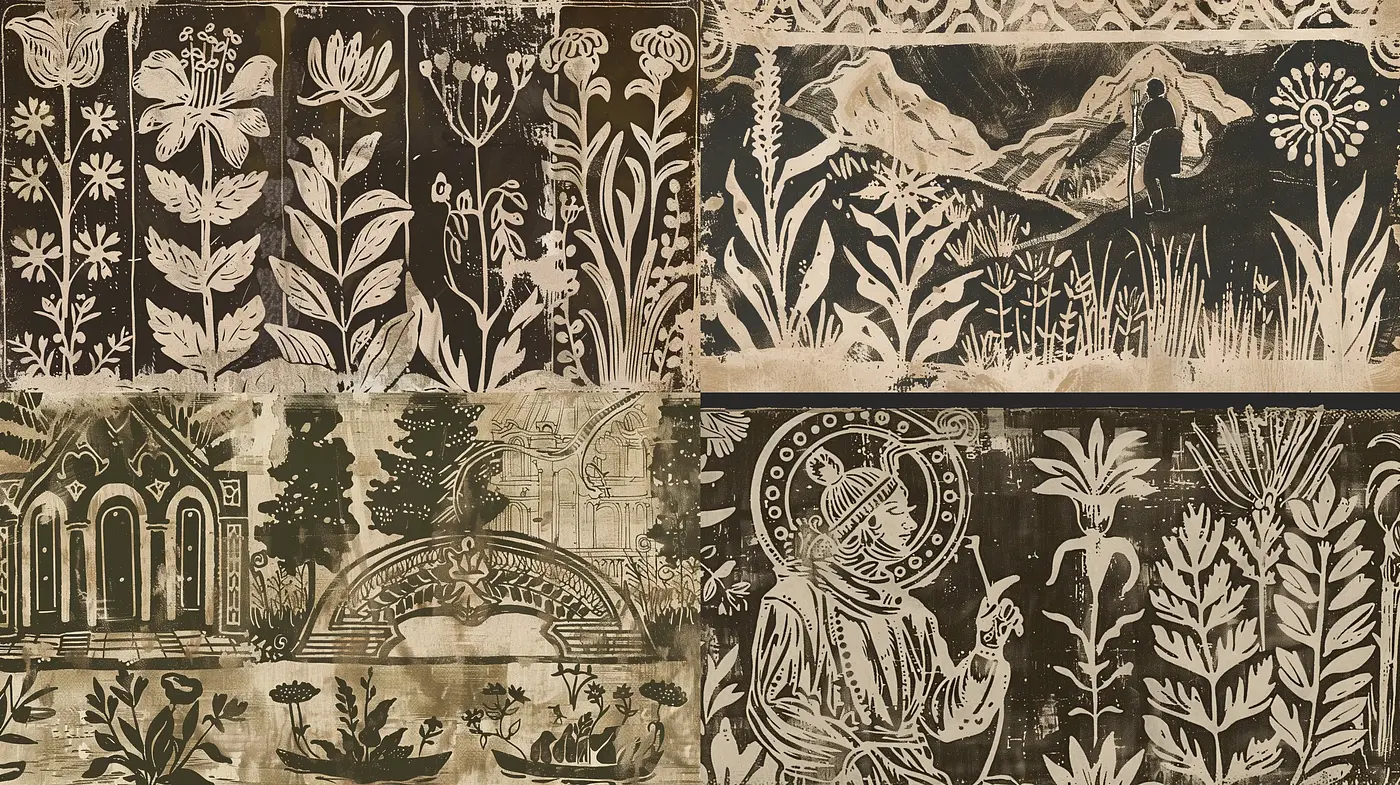 Rustic Botanical Tapestry in Earthy Sepia Tones - Midjourney sref style