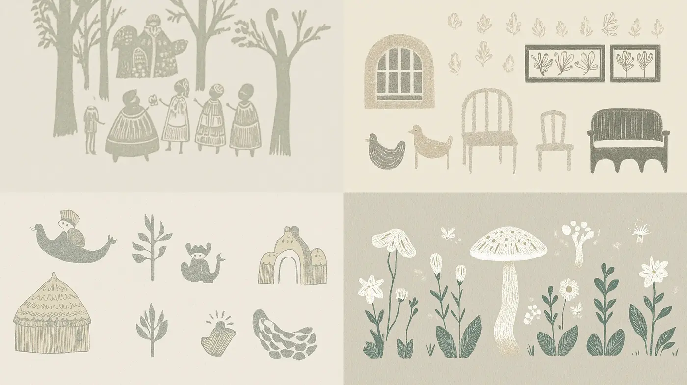 Whimsical Pastoral Vignettes in Muted Earthen Tones - Midjourney sref style