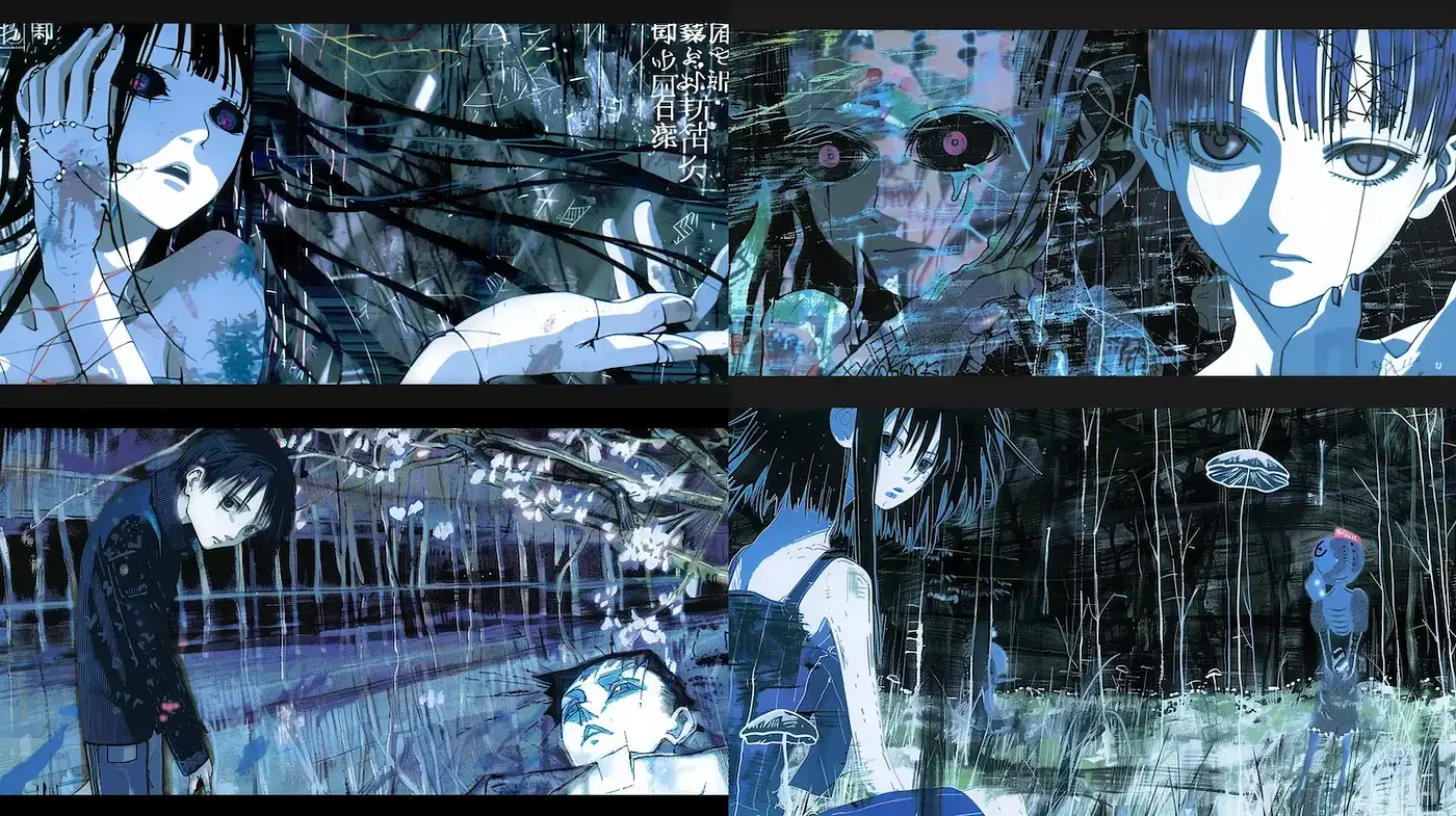 Ethereal Blue-Tinged Anime-Inspired Digital Dreamscape - Midjourney sref style