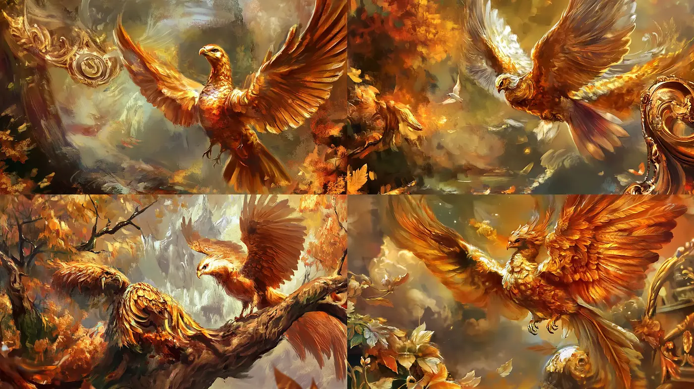 Fiery Autumnal Phoenix Resurgence in Dynamic Brushstrokes - Midjourney sref style