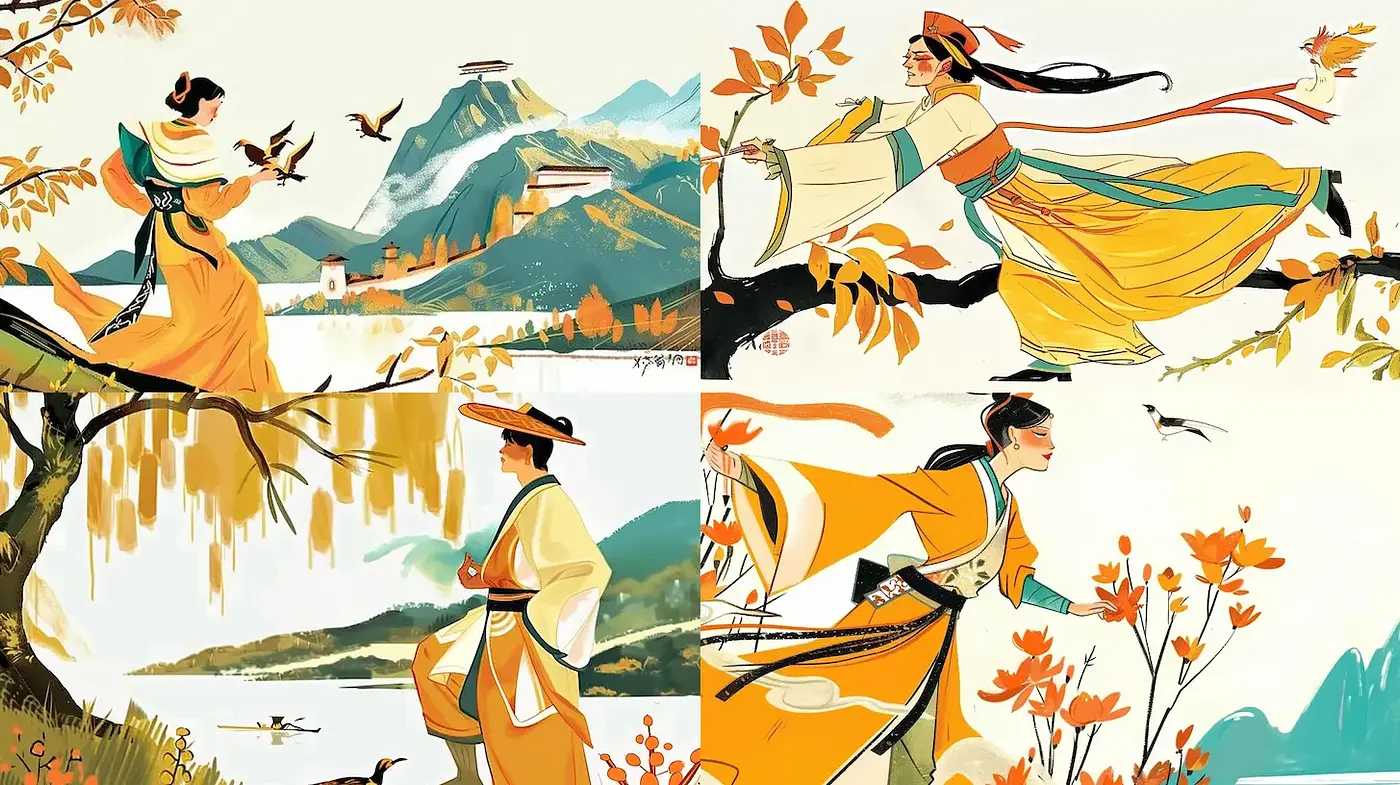 Elegant and Harmonious Depiction of Nature and Traditional Attire - Midjourney sref style