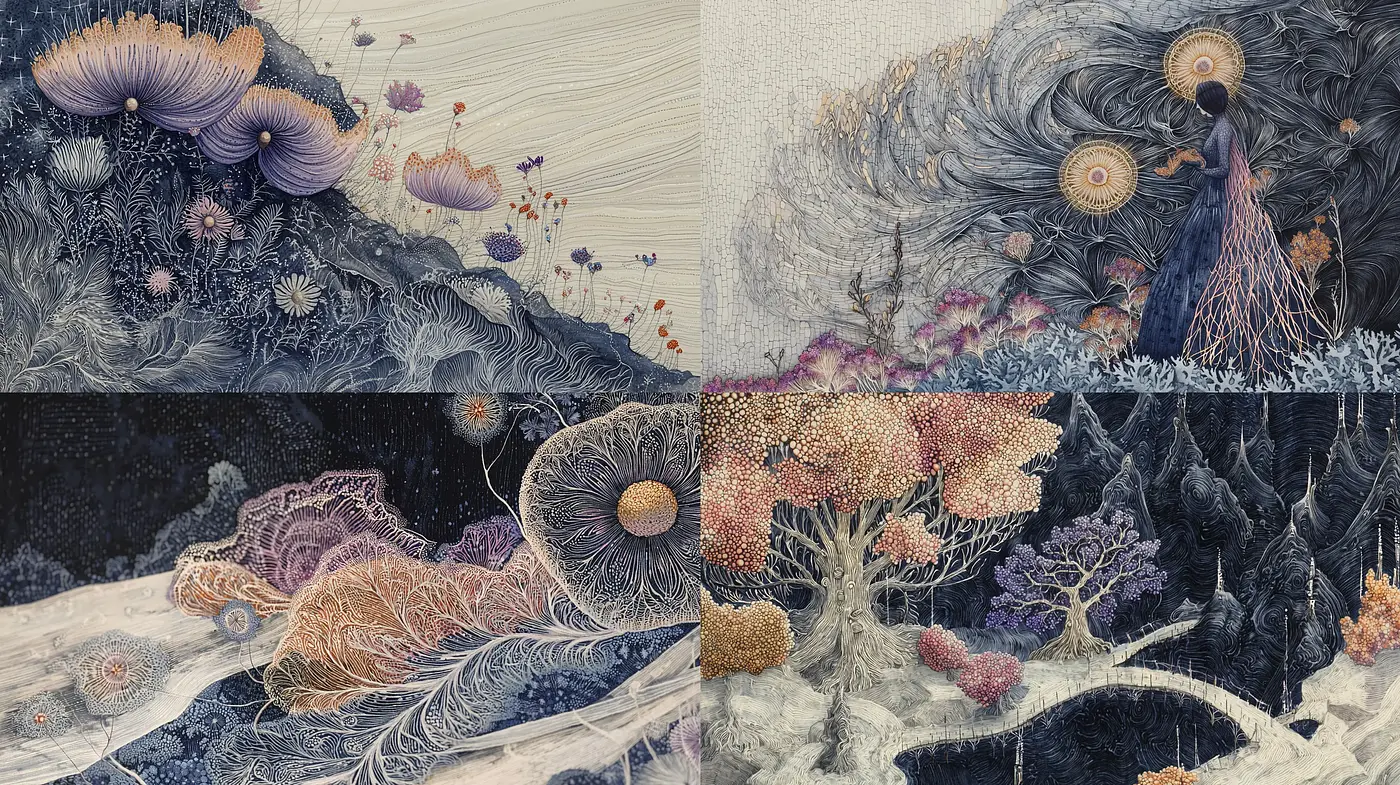 Ethereal Mycological Dreamscape: An Artistic Fusion of Fantasy Fungi and Cosmic Elegance - Midjourney sref style