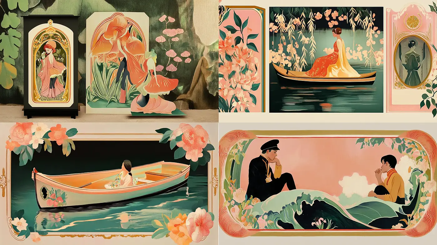 Ephemeral Elegance in Pastel: A Study of Poetic Art Nouveau Scenes - Midjourney sref style