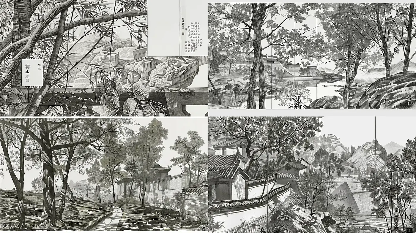 Serene East Asian Landscape with Artistic Monochrome Depth - Midjourney sref style