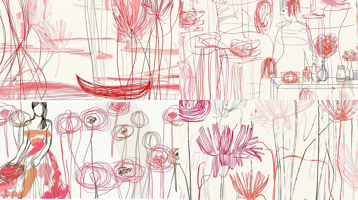 Abstract Floral Sketches with Expressive Line Work and Vibrant Accents - Midjourney sref style