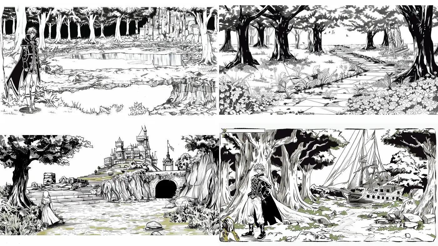 Monochromatic Enchanted Landscapes: A Stylized Homage to Graphic Novels - Midjourney sref style