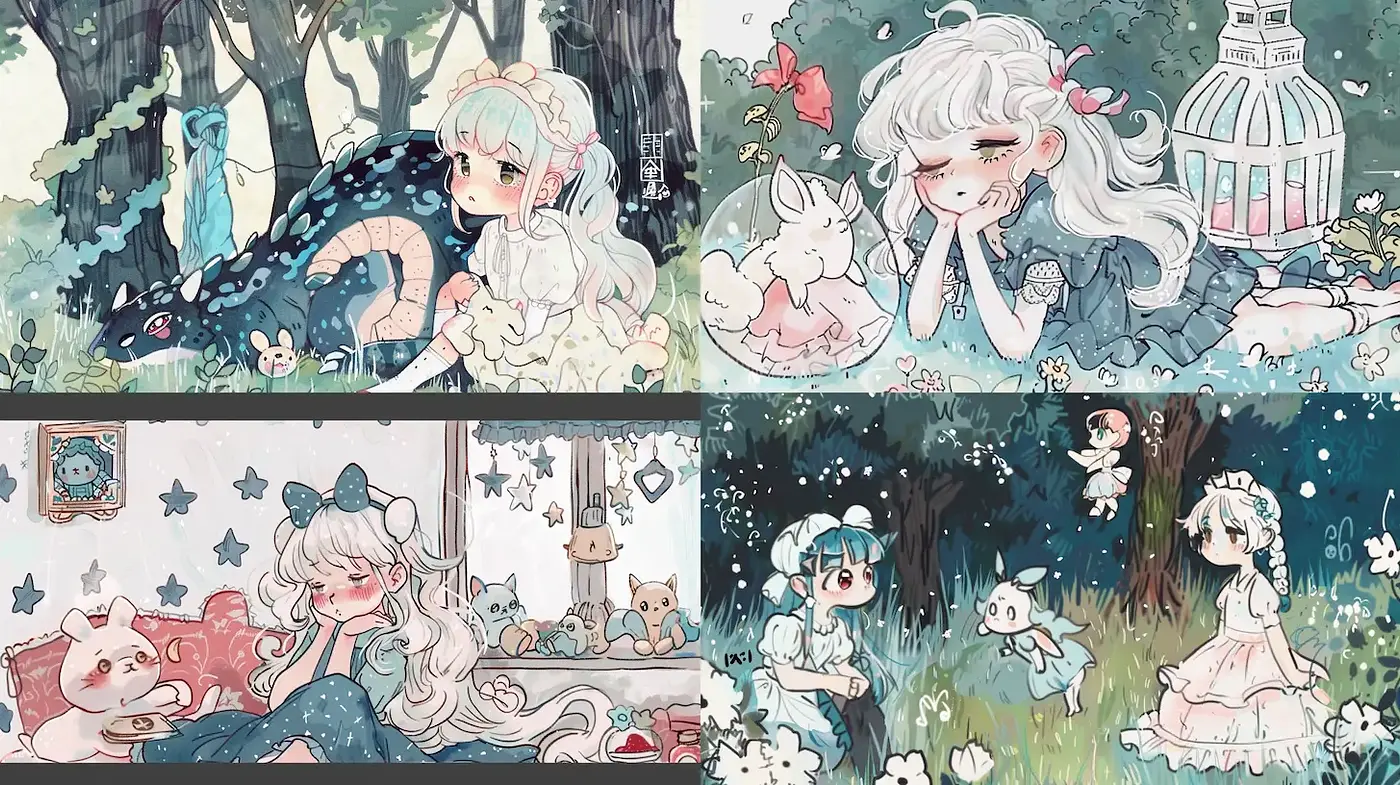 Whimsical Softness with Pastel Charm and Dreamy Narrative Elements - Midjourney sref style