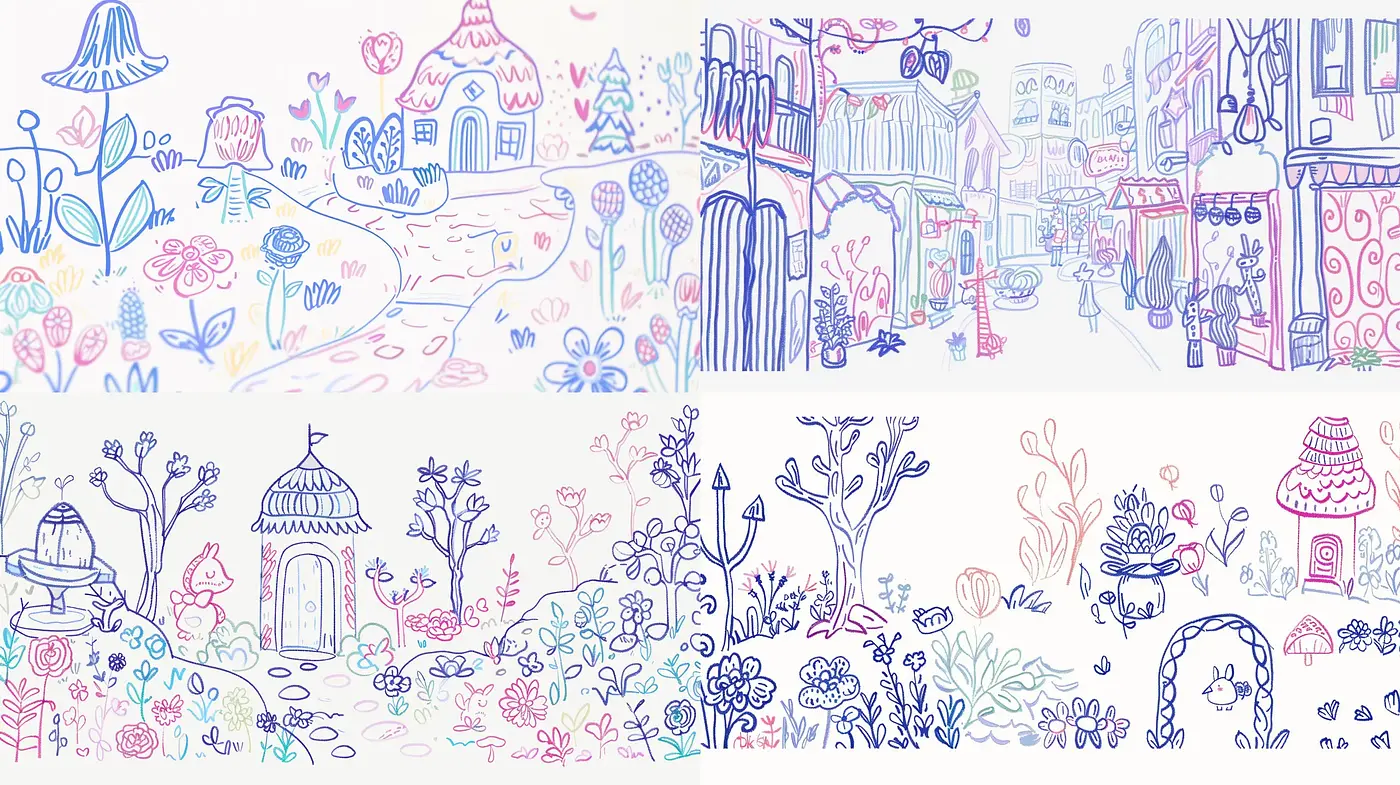 Whimsical Pastel Dreamscape in Line Art Illustration - Midjourney sref style