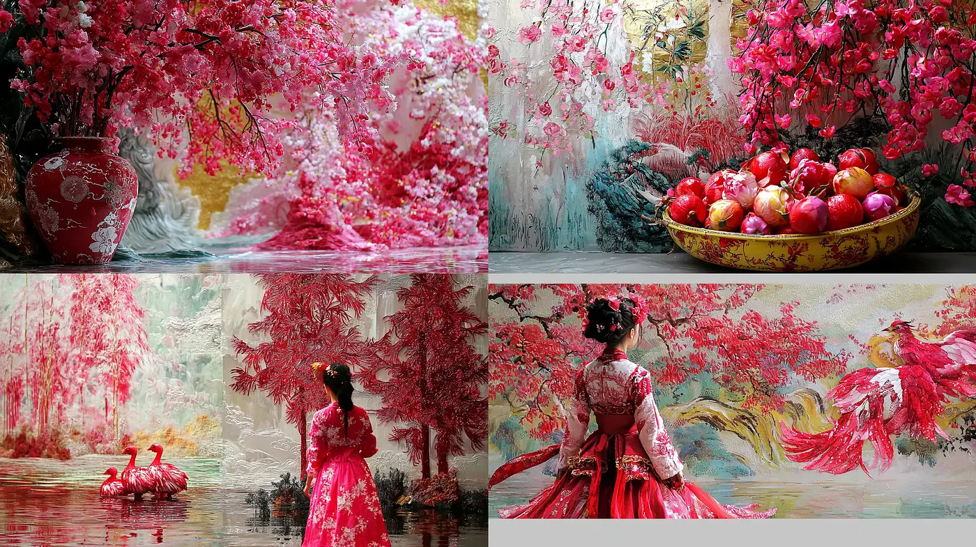 Blossoming Elegance: A Vivid Dance of Pinks and Textured Serenity - Midjourney sref style