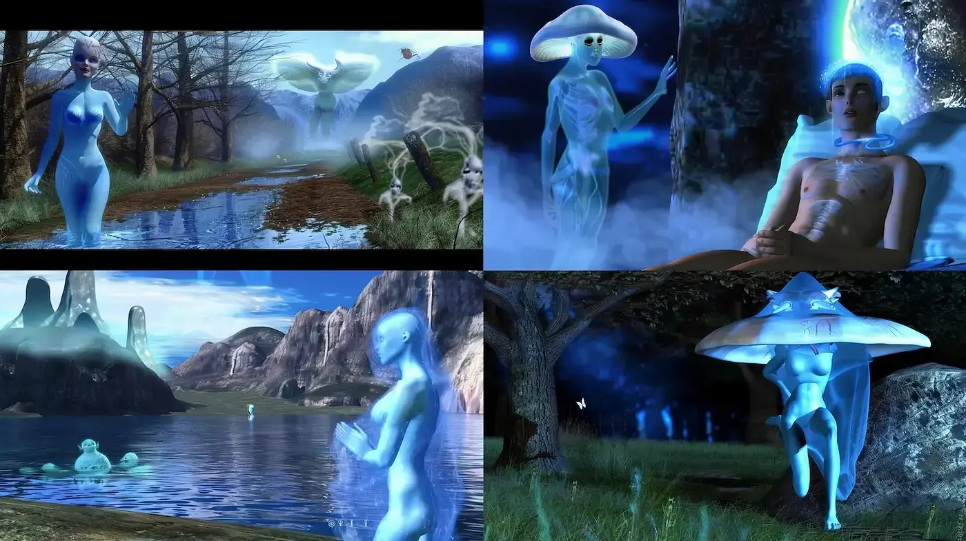 Surreal Sci-Fi Landscapes with Ethereal Humanoids and Glowing Elements - Midjourney sref style
