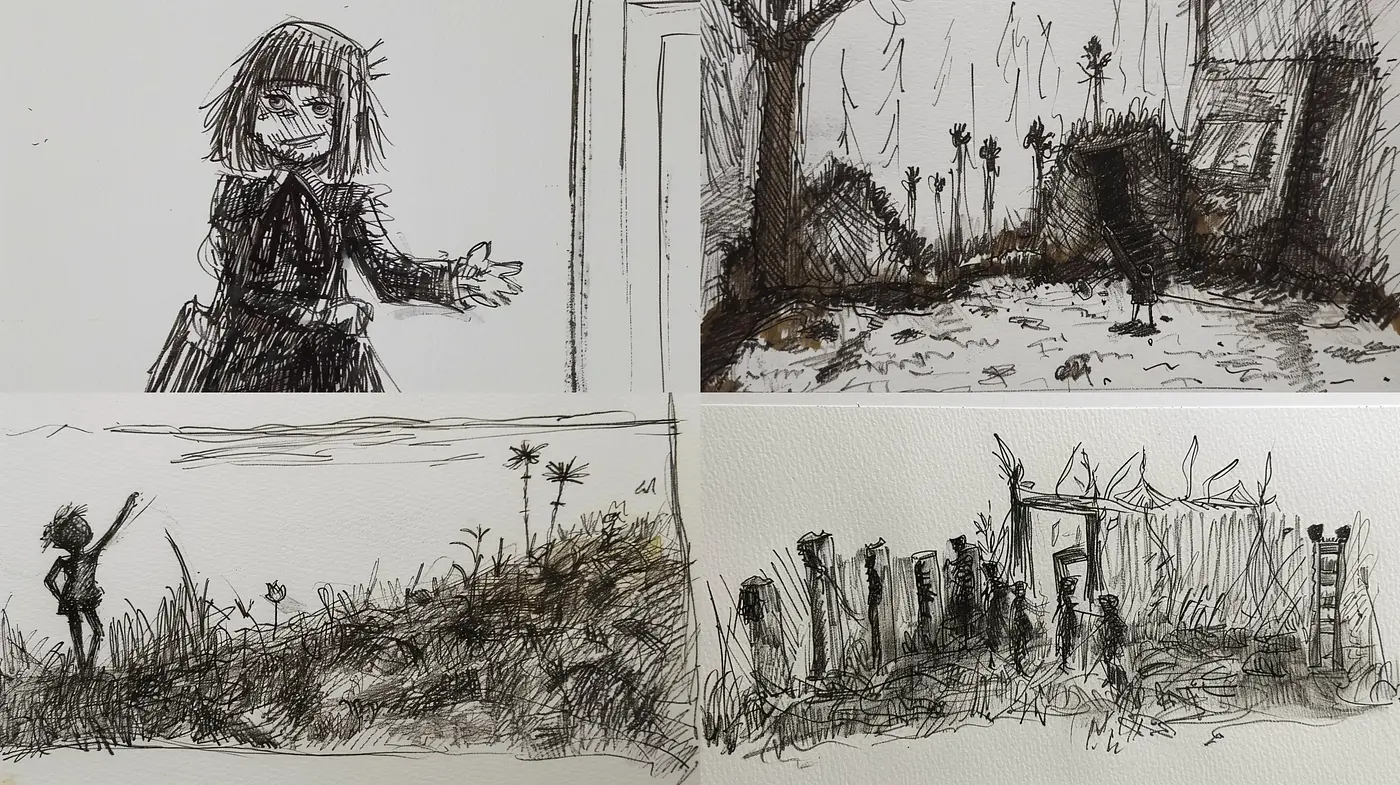 Moody Monochrome Sketchbook Narratives - Midjourney sref style