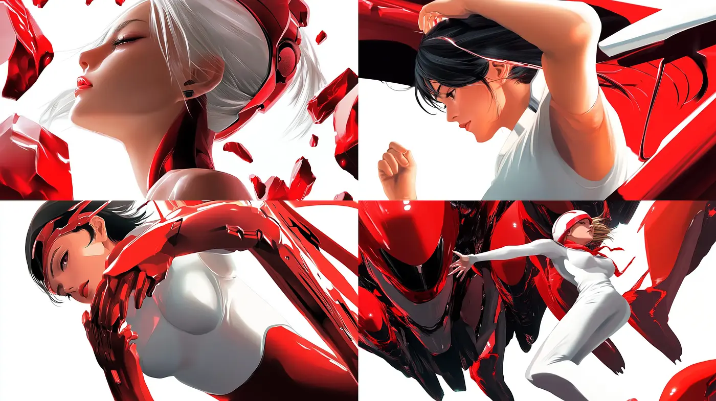 Dynamic Red and White Fluidity in Digital Art - Midjourney sref style