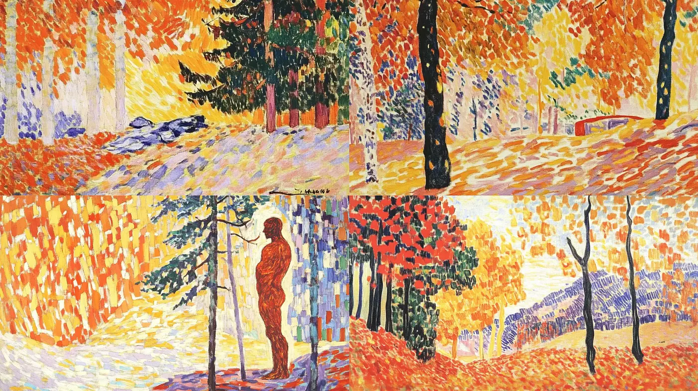 Autumn Hues in Expressive Pointillism Fusion - Midjourney sref style