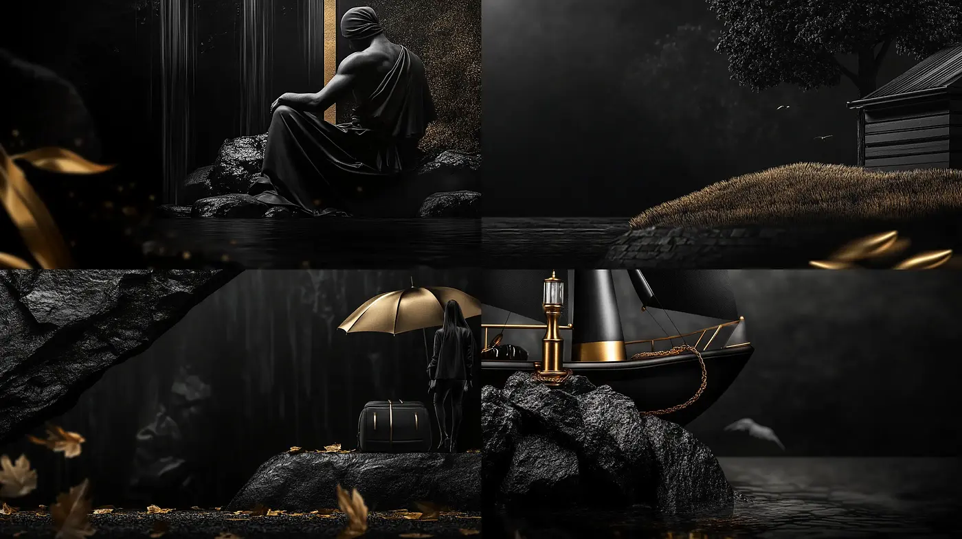 Somber Elegance in Monochrome: A Tranquil Study of Melancholic Serenity - Midjourney sref style