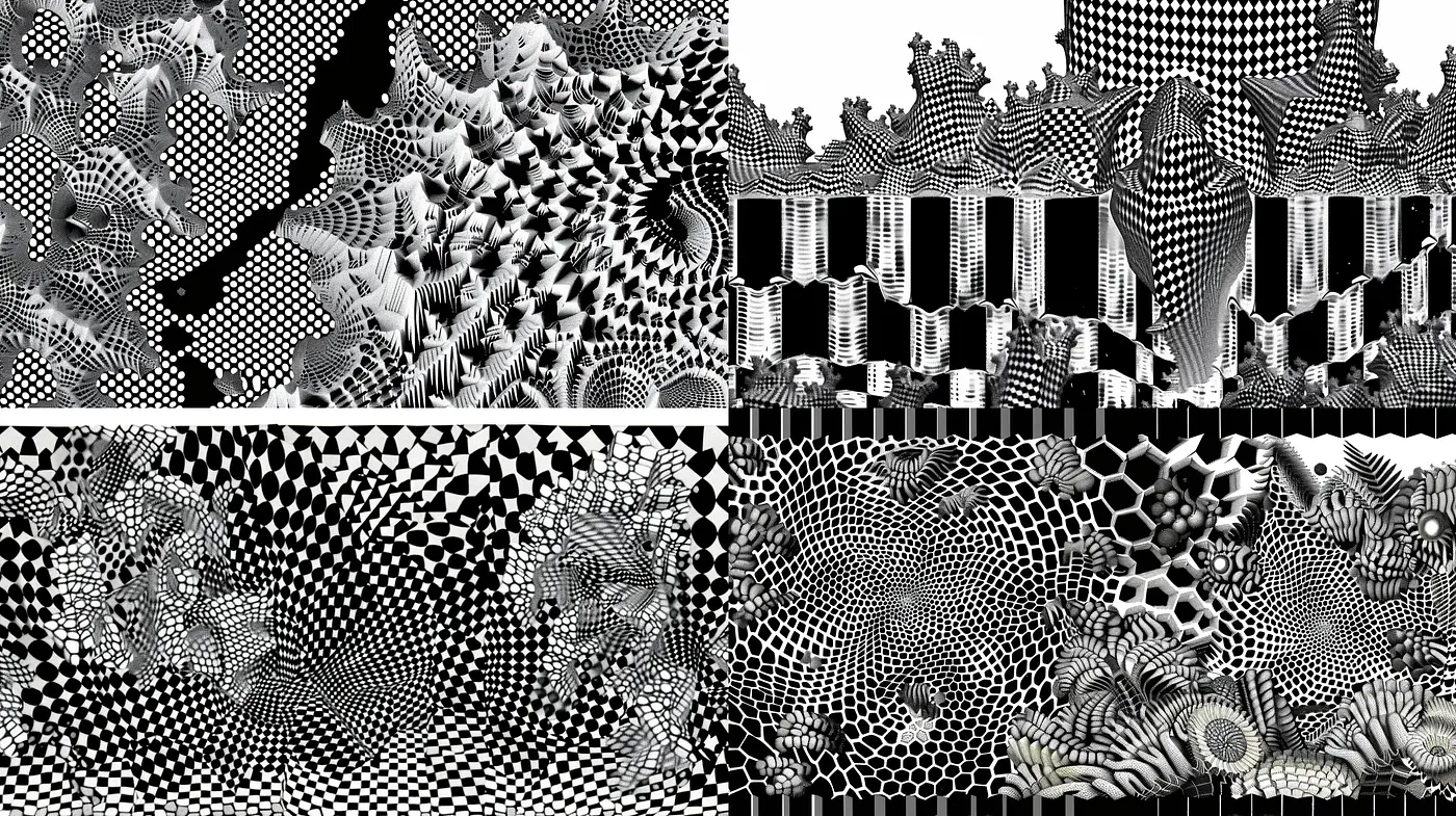Intricate Monochromatic Op Art Illusions - Midjourney sref style
