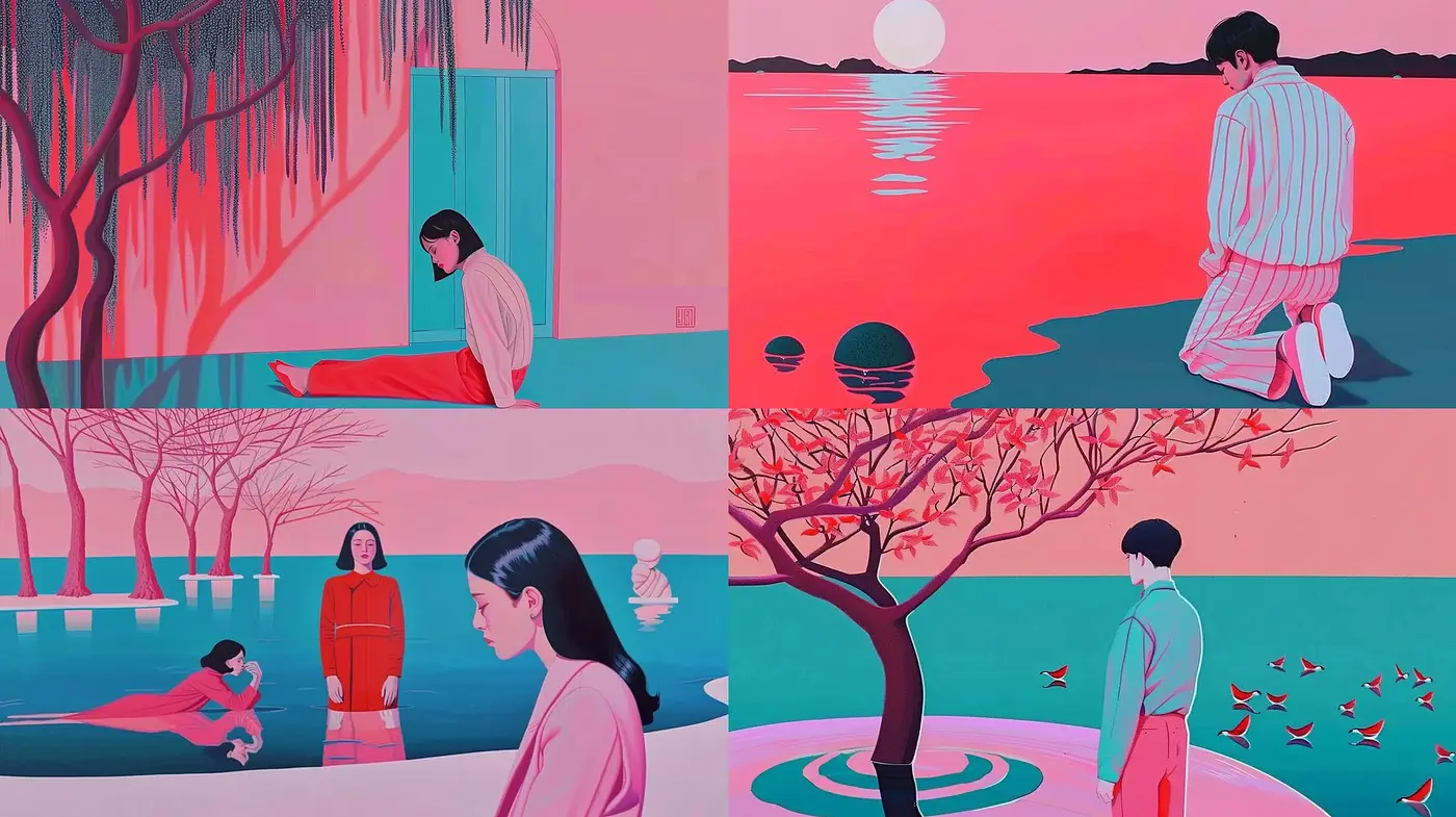 Ethereal Solitude in Roseate Hues: A Serene Contemporary Fusion - Midjourney sref style