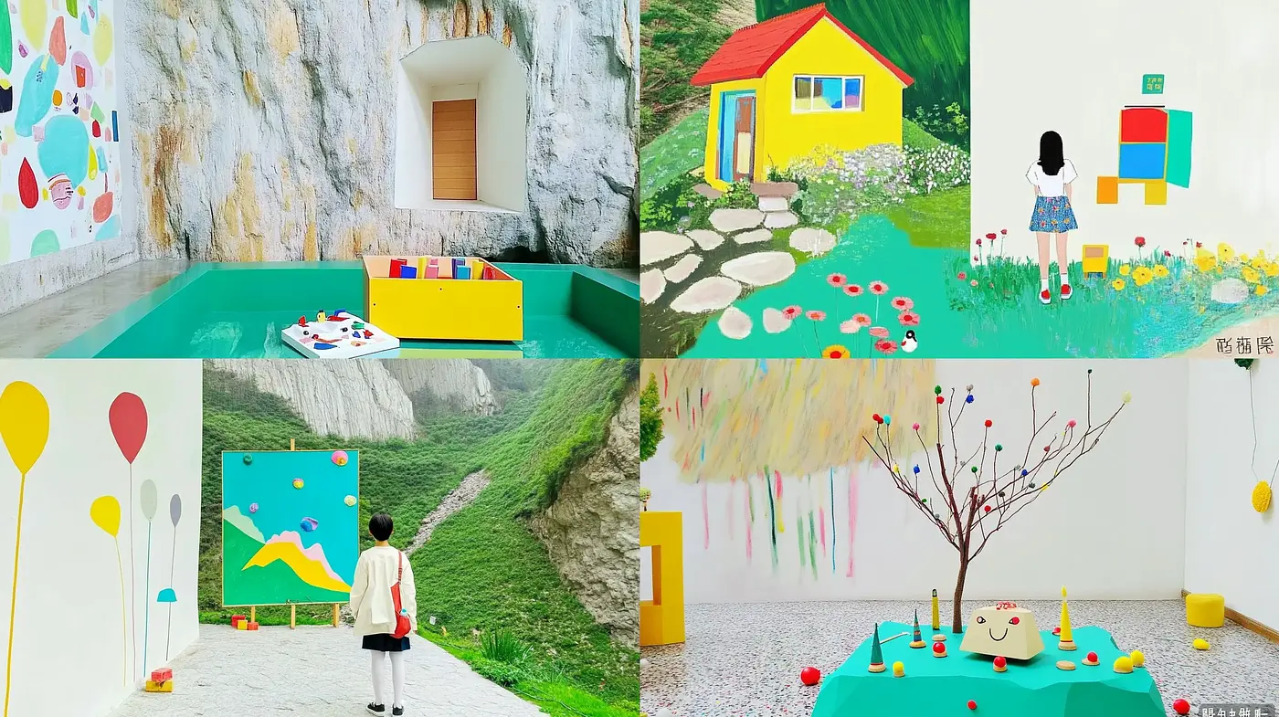 Whimsical Dreamscapes with a Childlike Innocence and Vivid Simplicity - Midjourney sref style