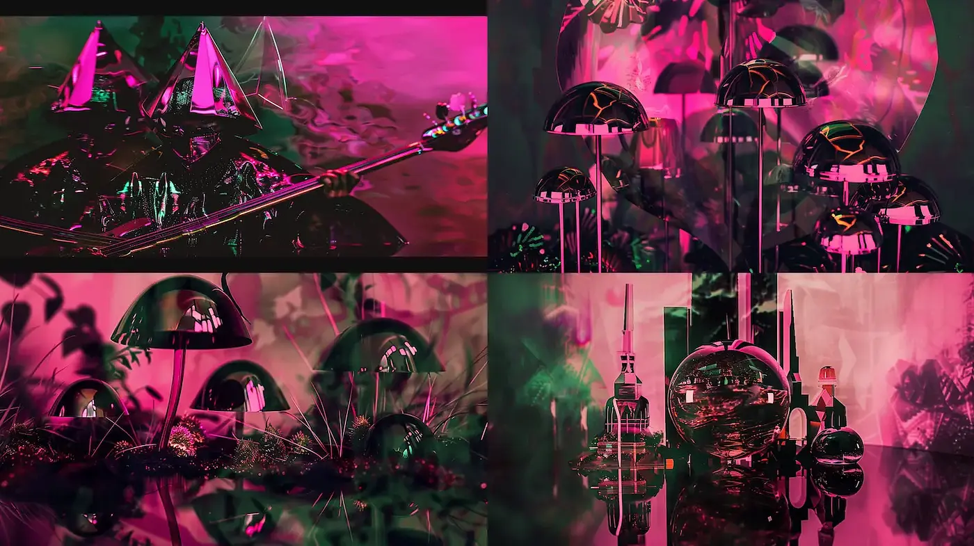 Futuristic surrealism with vibrant neon accents and intricate reflections - Midjourney sref style