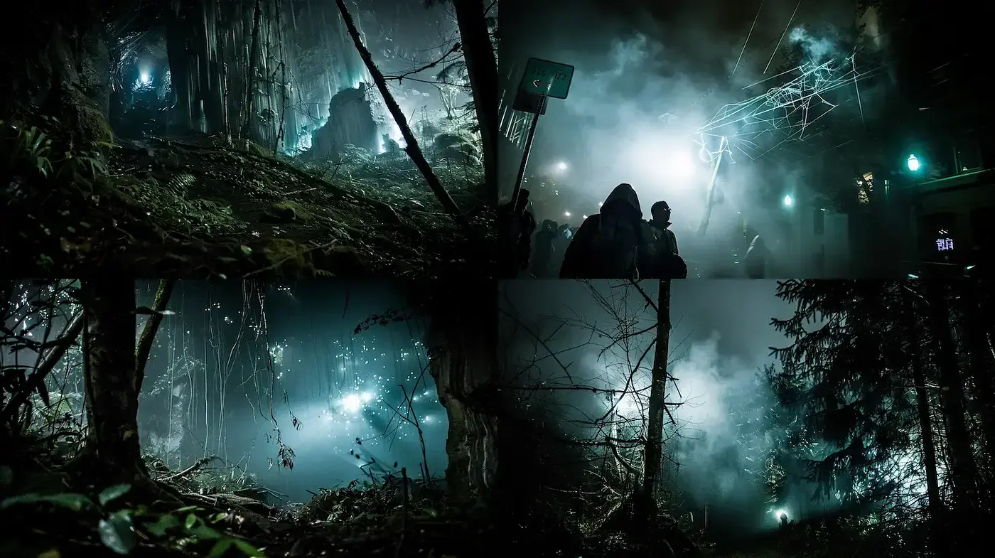 Mysterious and Atmospheric Scene with a Nighttime Wilderness Aesthetic - Midjourney sref style
