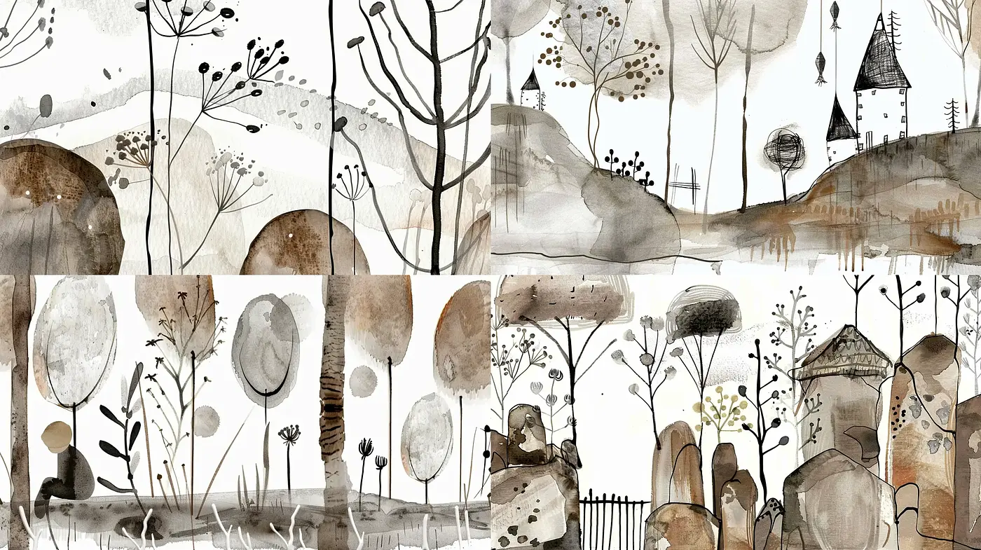 Whimsical Sepia-Toned Storybook Illustrations - Midjourney sref style