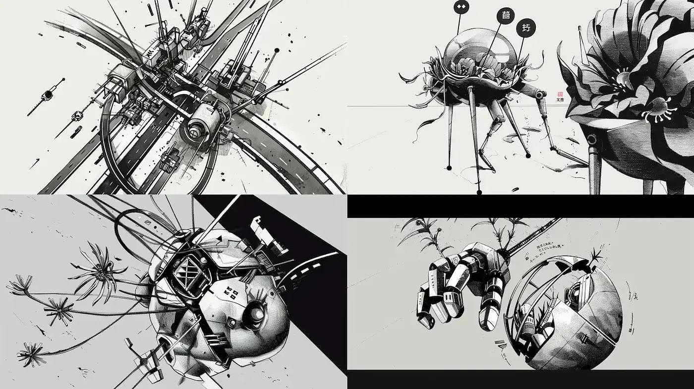 Futuristic Surrealism with Detailed Line Work and Abstract Forms - Midjourney sref style