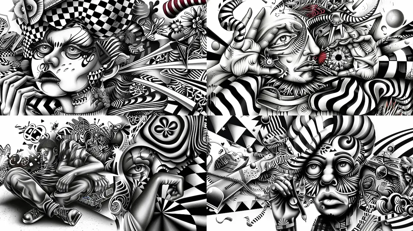 Intricate Monochrome Surrealism with Graphic Depth - Midjourney sref style