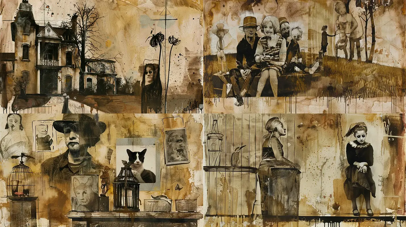 Ephemeral Sepia Memories: A Montage of Vintage Echoes - Midjourney sref style
