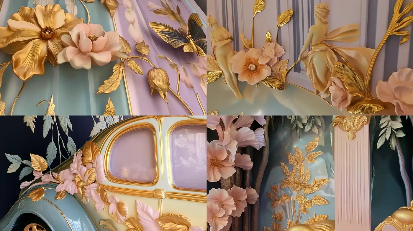 Ethereal Rococo Revival: A Golden Floral Fantasy - Midjourney sref style