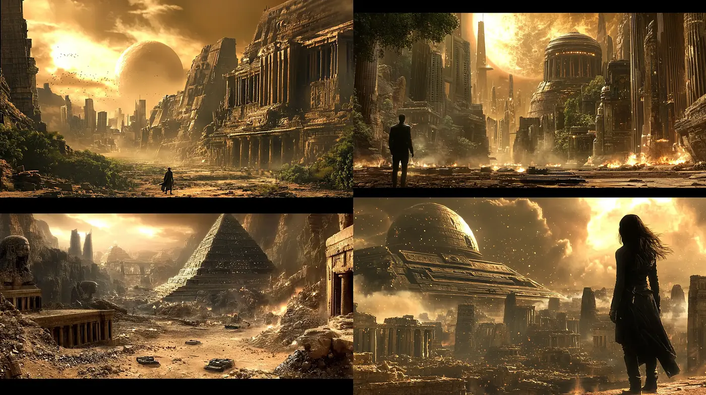 Sunset Dystopia: A Cinematic Interpretation of Ruins and Reverie - Midjourney sref style