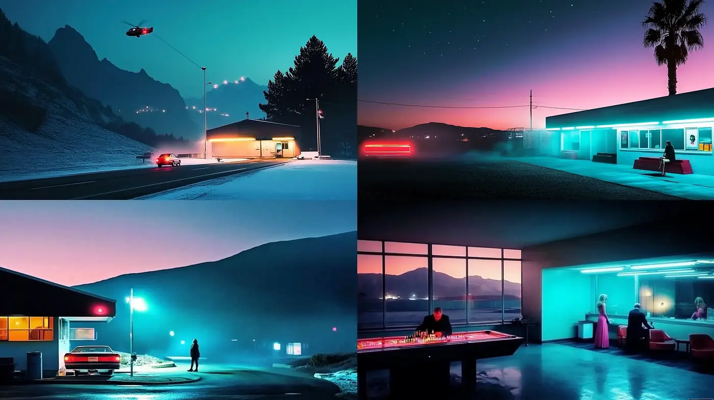 Neon Noir Nightscape: A Fusion of Cinematic Glow and Surrealism - Midjourney sref style