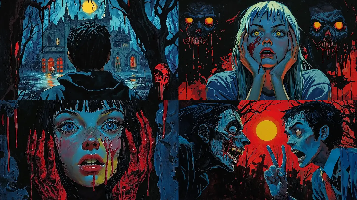 Gothic Horror Resurgence in Lurid Crimson and Midnight Blues - Midjourney sref style