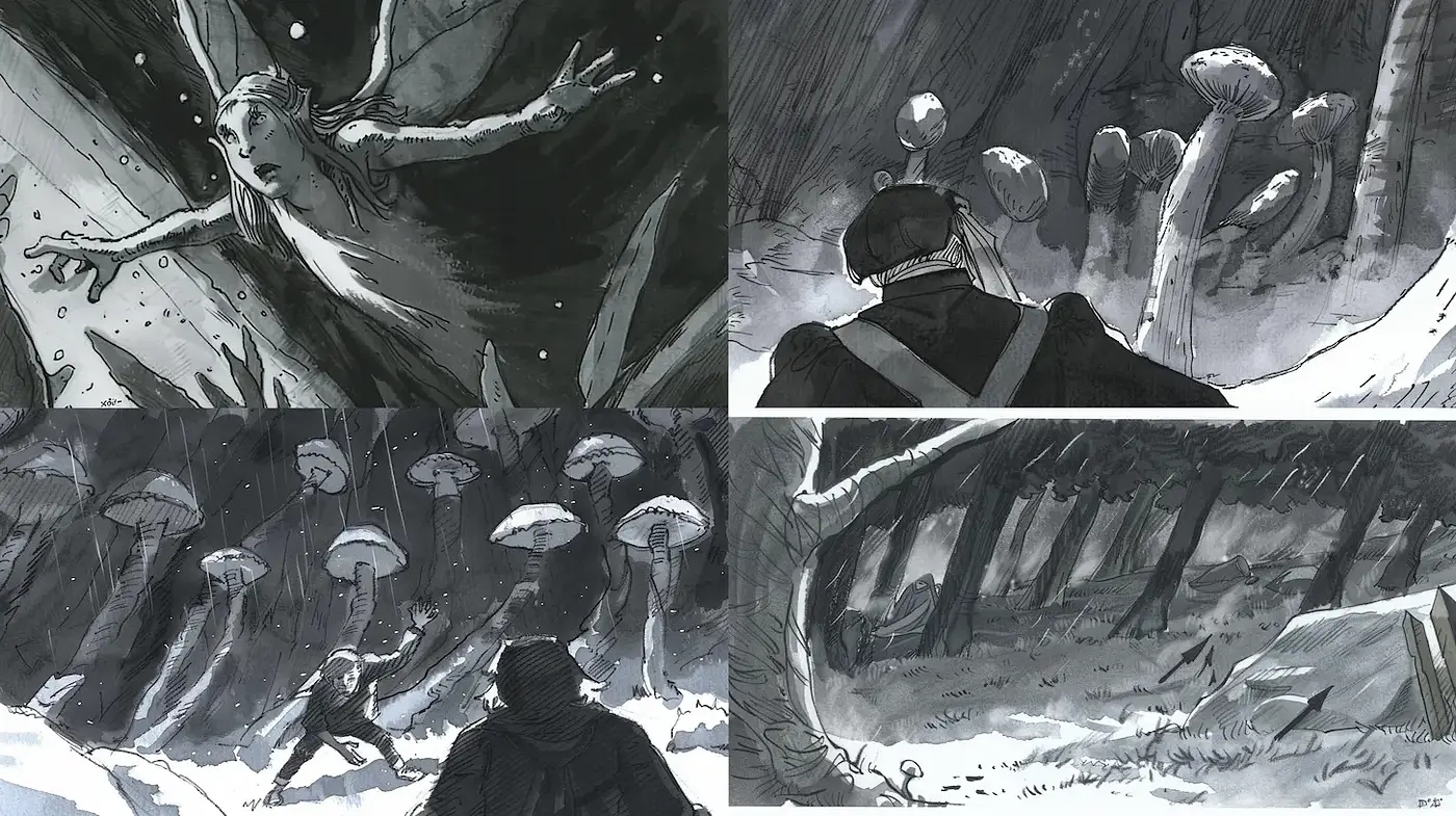 Moody black and white fantasy illustrations with a surreal touch - Midjourney sref style