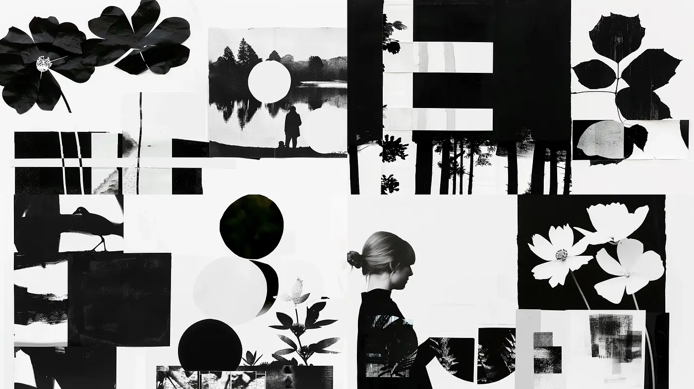Monochromatic Collage of Geometric and Floral Harmony - Midjourney sref style