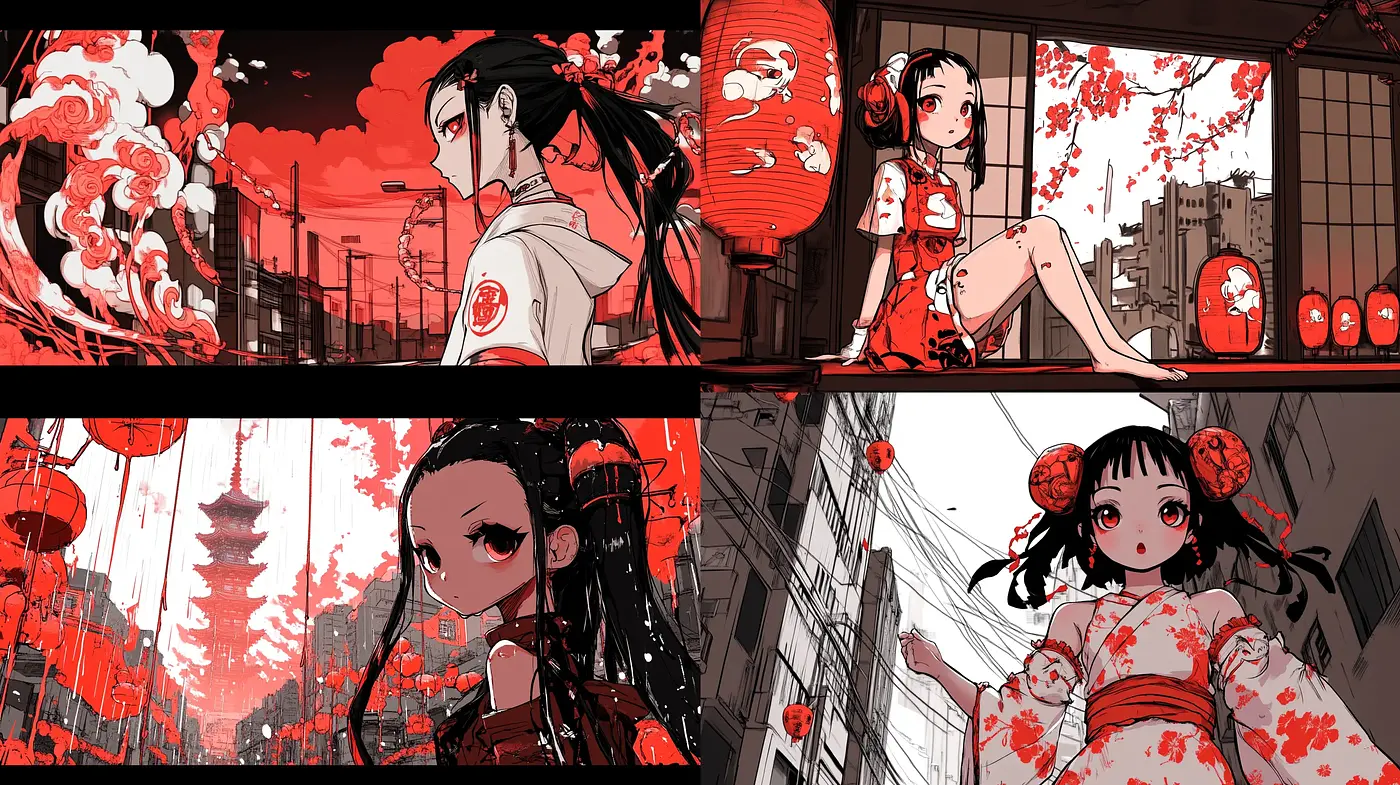 Red-Infused Anime-Inspired Urban Dreamscape - Midjourney sref style