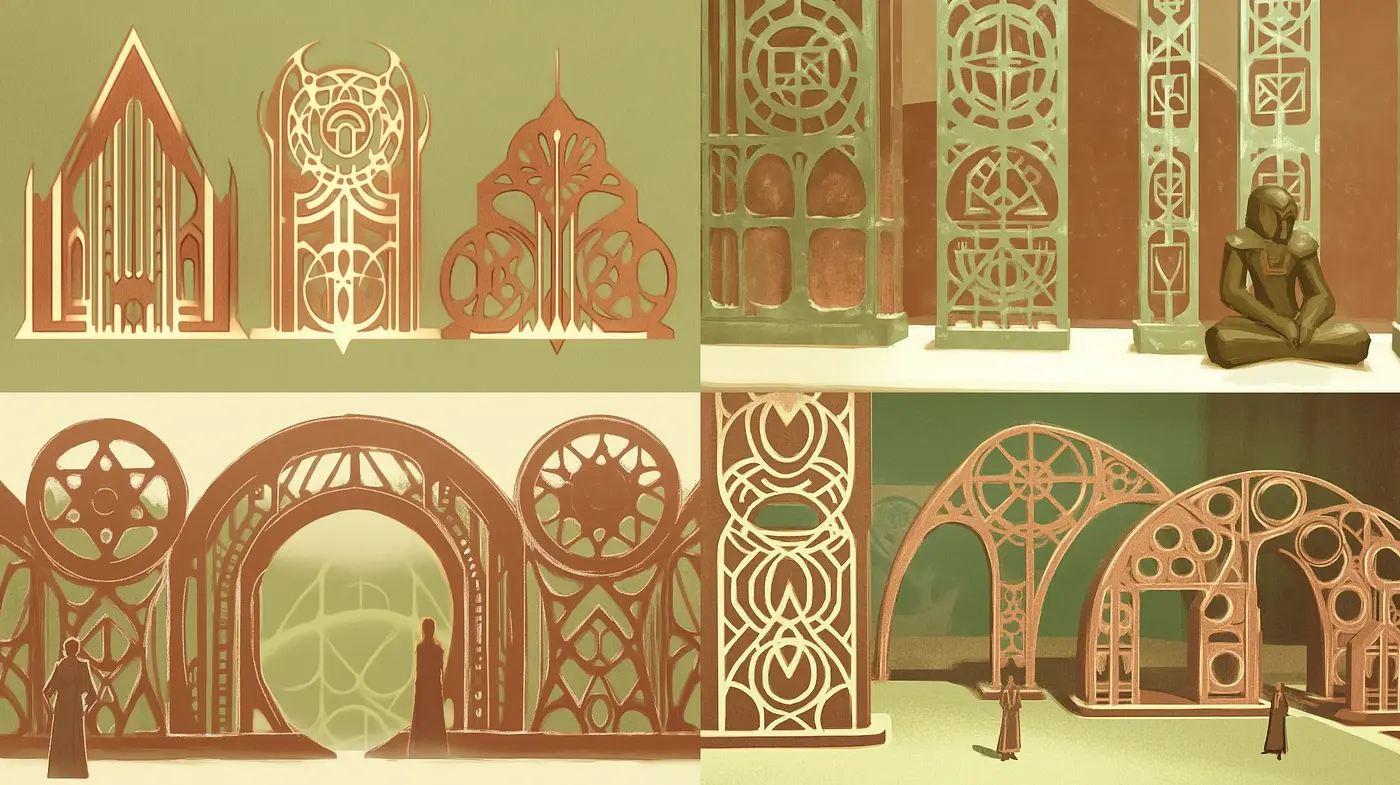Art Nouveau Archways in Amber Hues - Midjourney sref style
