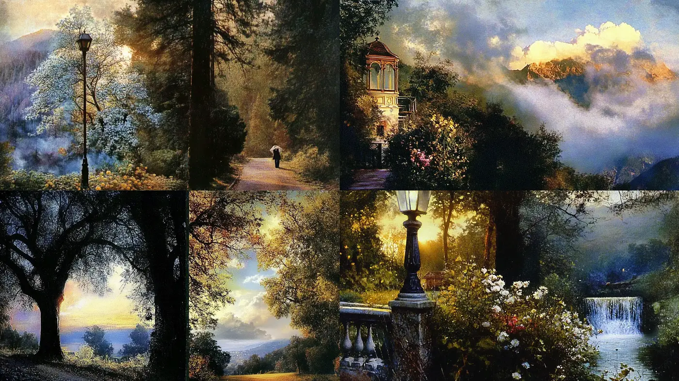 Luminous Dusk in Pastoral Settings: A Harmonious Blend of Romanticism and Realism - Midjourney sref style