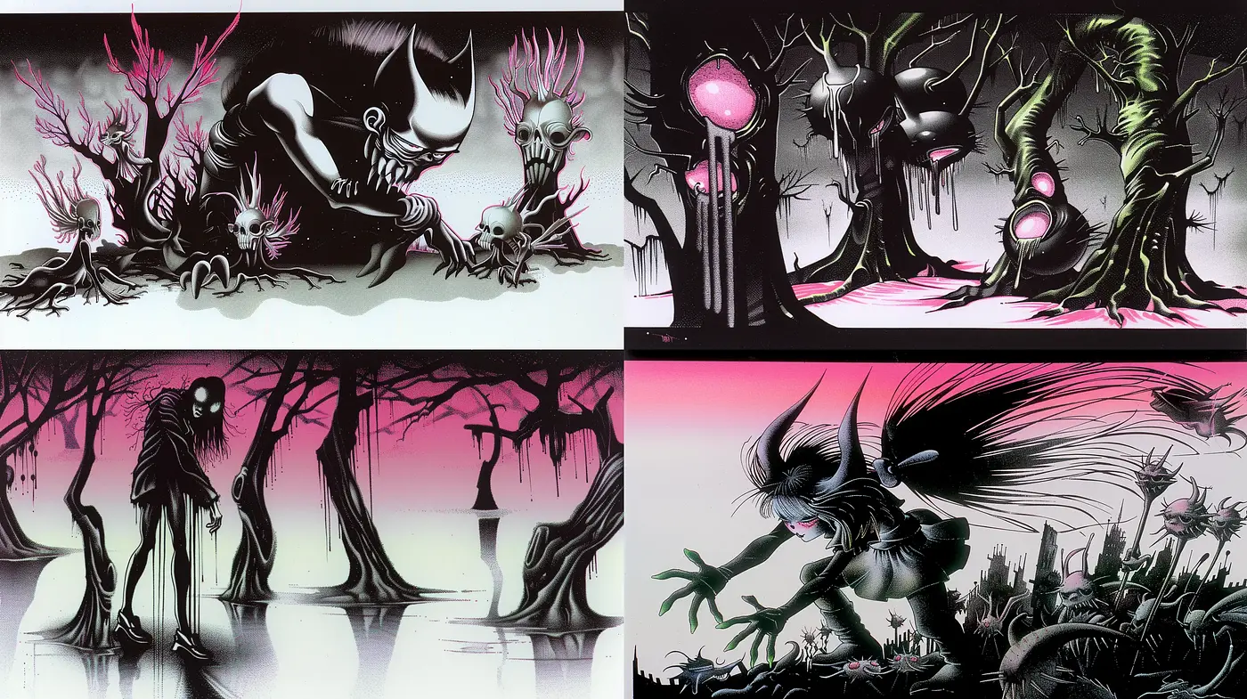 Ethereal Nocturne Fantascape: A Fusion of Surrealism and Digital Gothic - Midjourney sref style