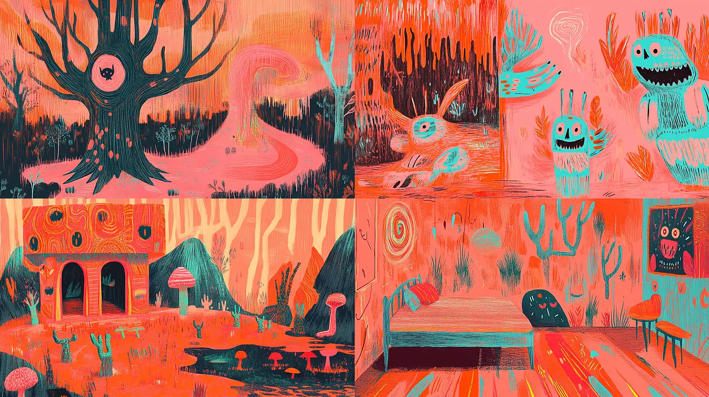 Whimsical Crimson Dreamscape with Surrealist Overtones - Midjourney sref style