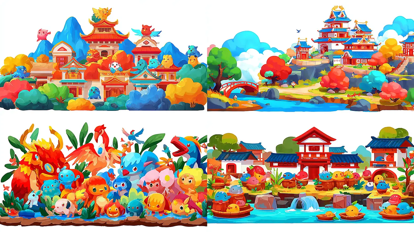 Vibrant and Playful Fantasy Landscapes with Consistent Character Design - Midjourney sref style