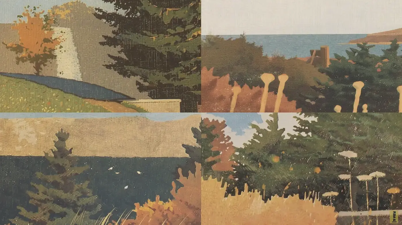 Harmonious Landscape Series with Organic Textures and Muted Tones - Midjourney sref style