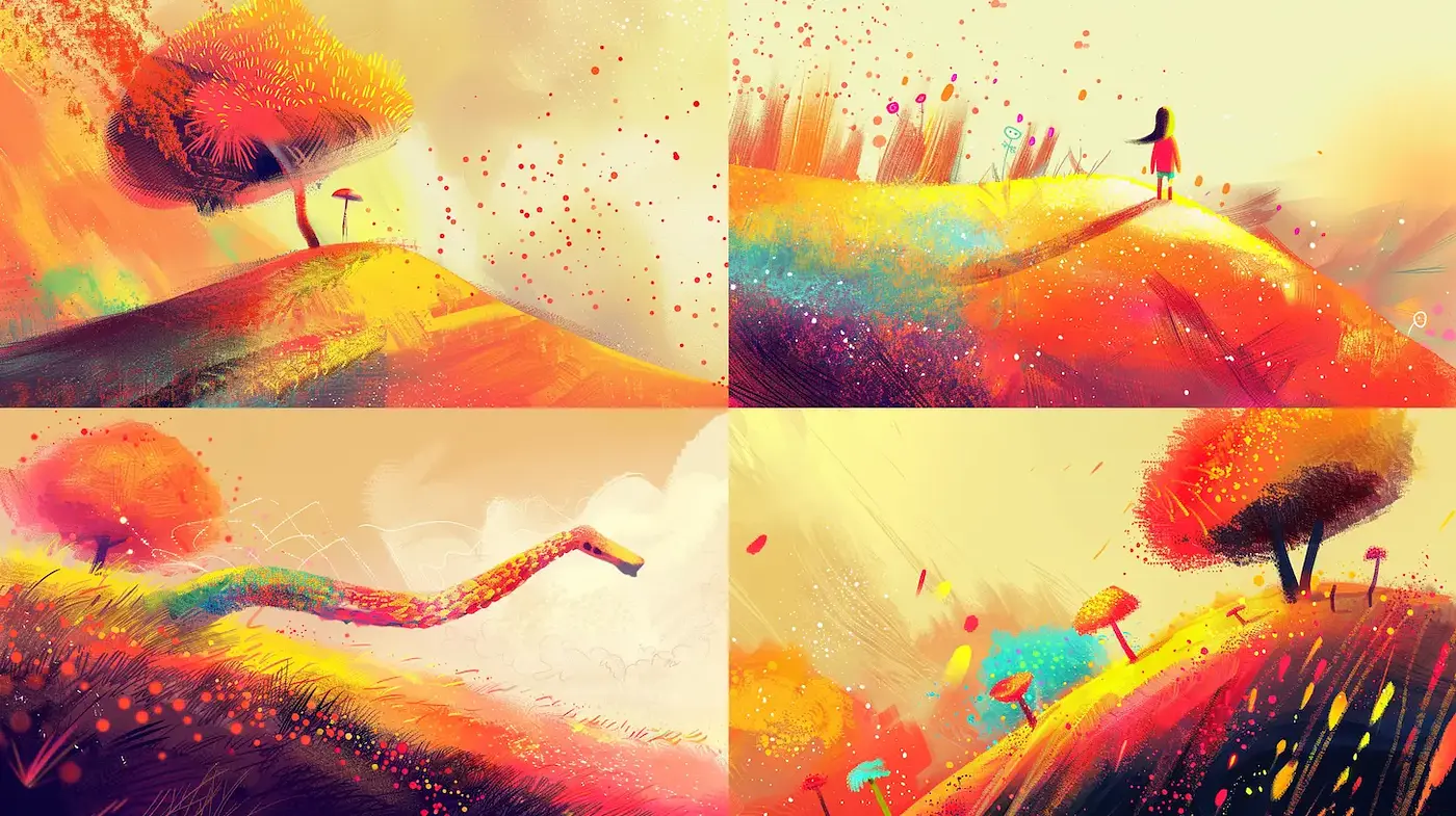 Vibrant and Whimsical Landscape with a Dreamlike Quality - Midjourney sref style