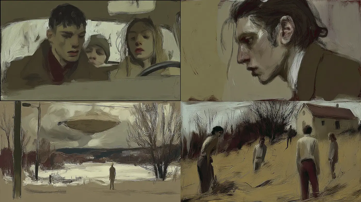Grainy, emotionally charged narrative style with a surreal twist - Midjourney sref style