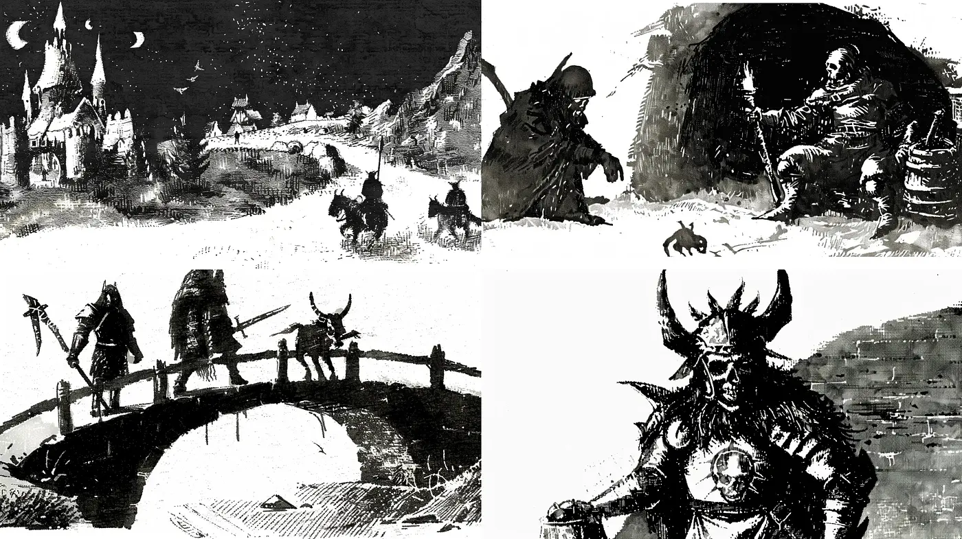 Monochromatic Mythos: Stylized Ink Brushstrokes Conveying Dark Fantasy Tales - Midjourney sref style