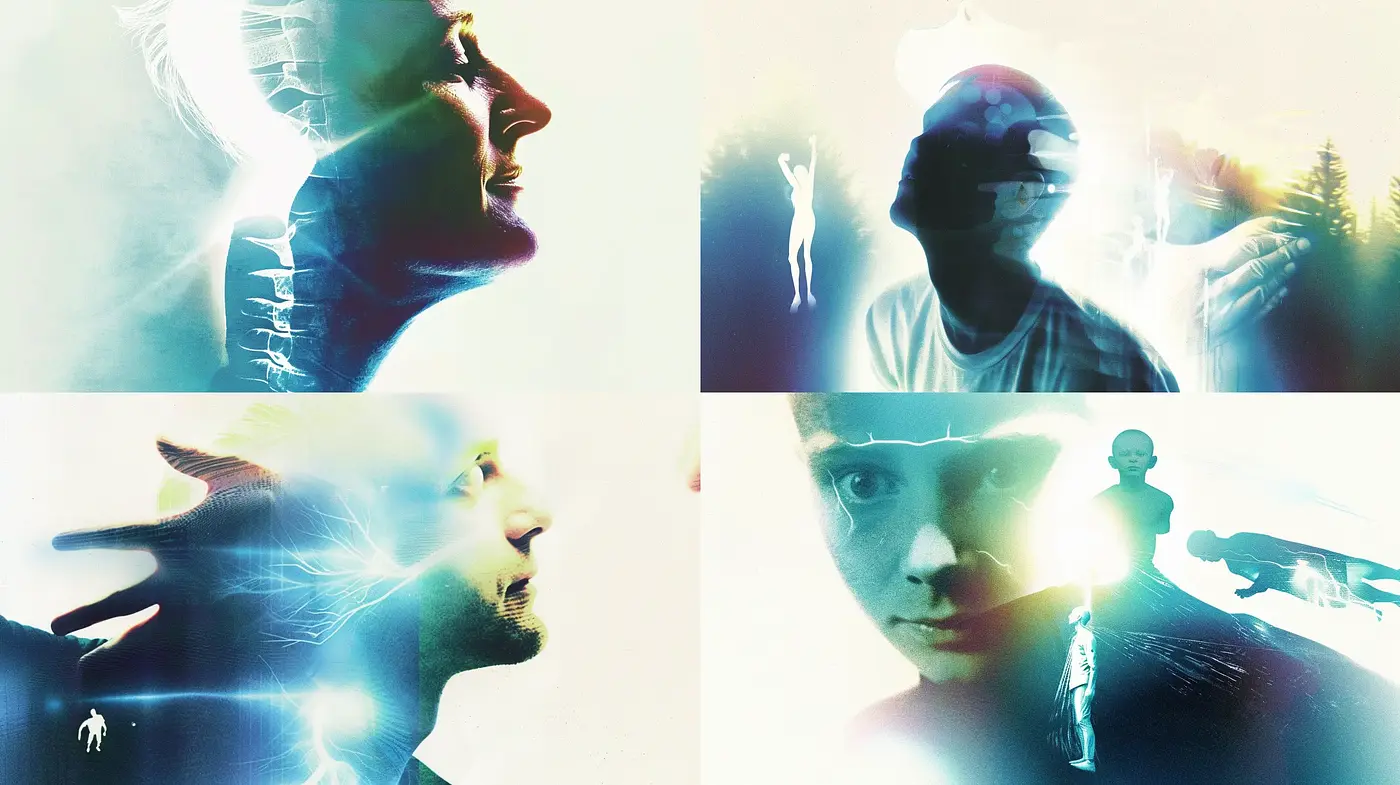 Ethereal Dreamscape Blends of Human Silhouettes in Luminous Hues - Midjourney sref style