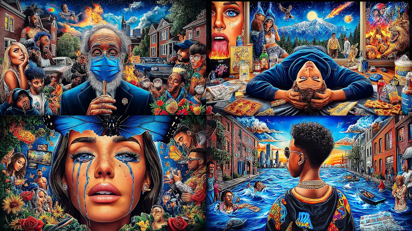 Vibrant and Emotionally Charged Urban Surrealism with Nostalgic Undertones - Midjourney sref style