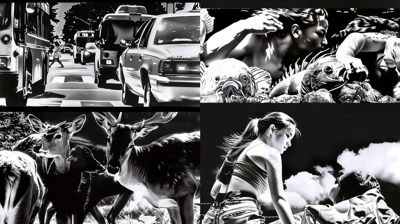 Dynamic monochromatic collage with organic and urban contrasts - Midjourney sref style