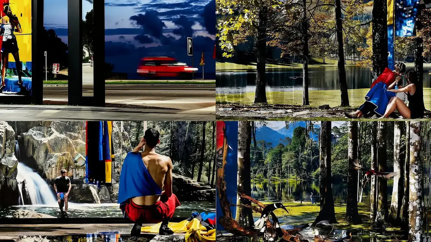 Serene and Dynamic Landscapes Interwoven with Colorful Elements - Midjourney sref style