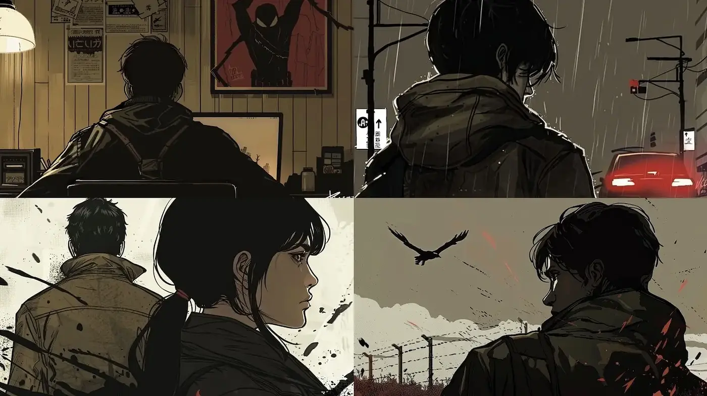 Dark, atmospheric illustrations with a modern edge and dynamic textures - Midjourney sref style