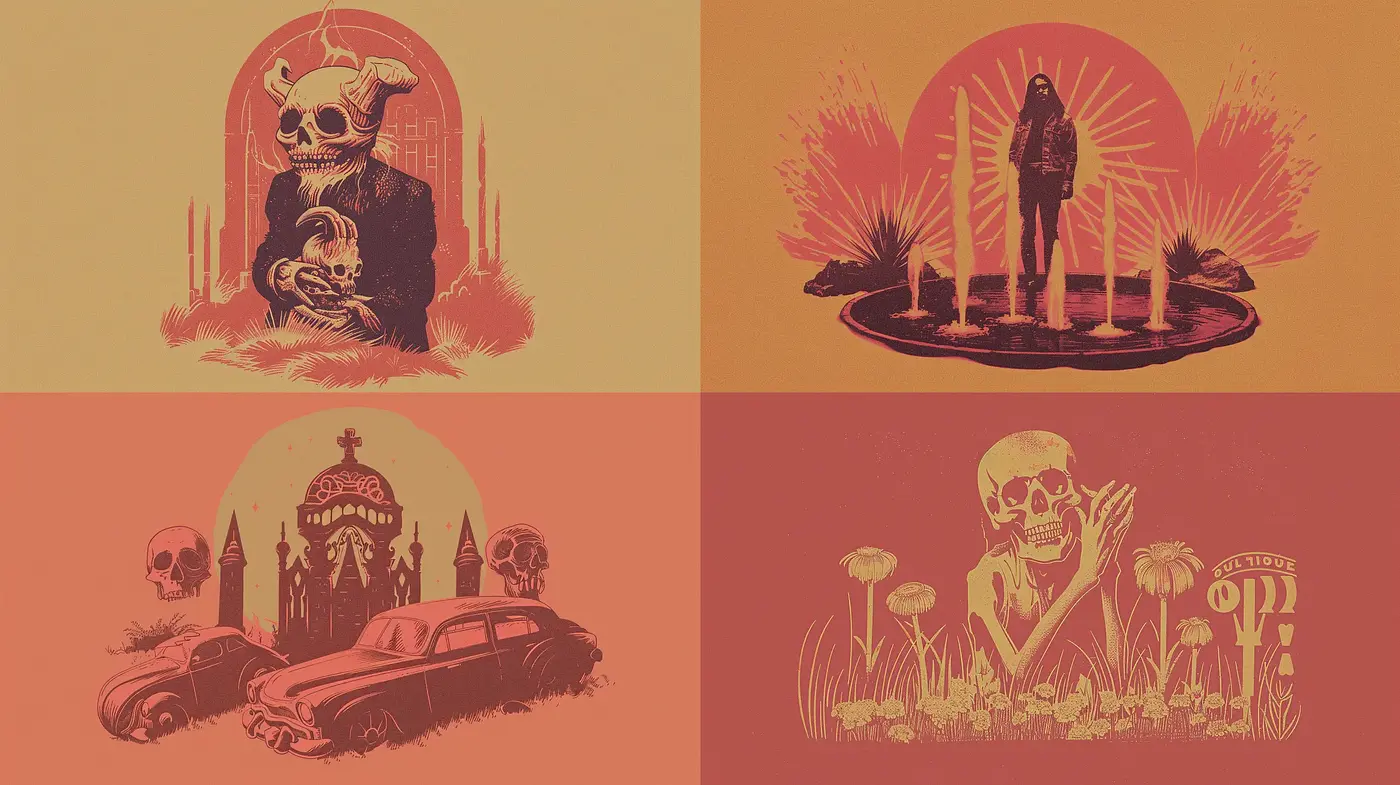 Retro Macabre Elegance: A Twilight Haze of Muted Warmth and Surreal Undertones - Midjourney sref style